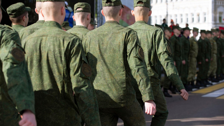 May 08, 2023. Russia, Bryansk. Line up soldiers in military clothes.