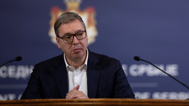 Serbia's President Aleksandar Vucic speaks during a press conference in his office in Belgrade