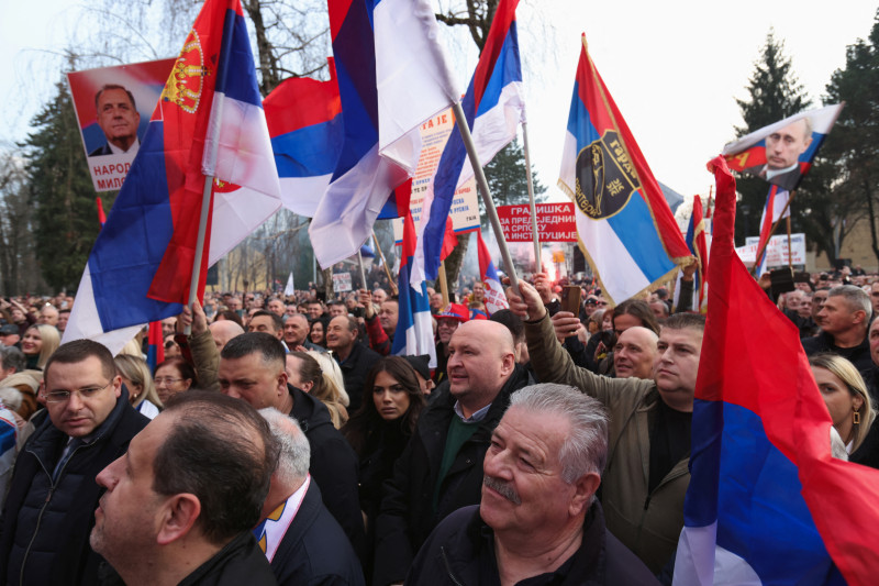 President of Republika Srpska (Serb Republic) Milorad Dodik addresses supporters during a protest in Banja Luka