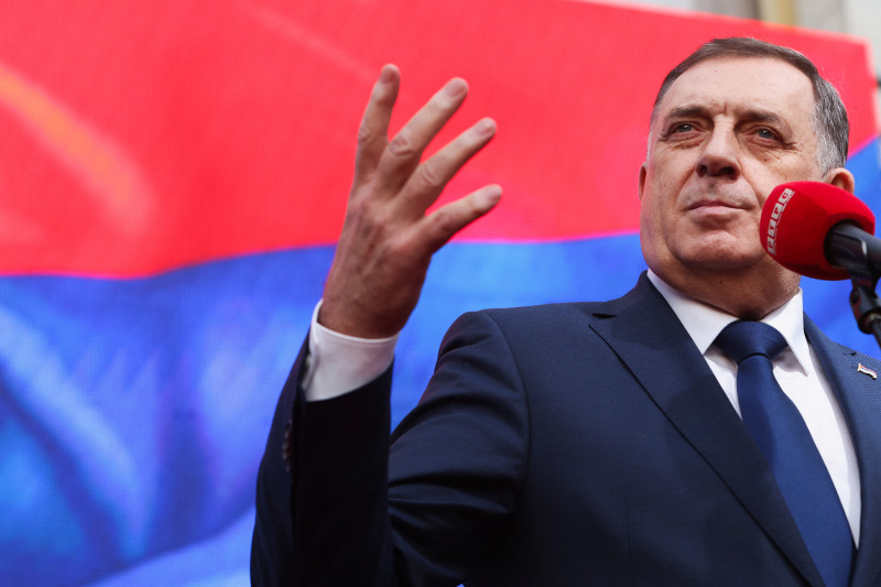 President of Republika Srpska (Serb Republic) Milorad Dodik addresses supporters during a protest in Banja Luka