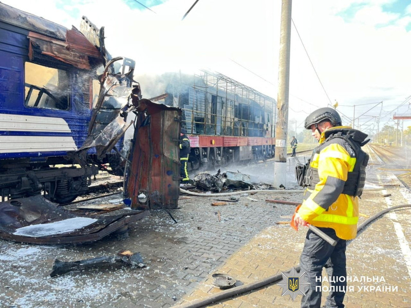 Train attacked by Russian drones at the railway station in Shostka, Sumy region