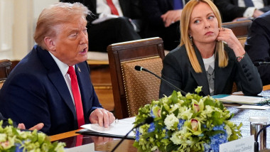 U.S. President Donald Trump speaks next to Italian Prime Minister Giorgia Meloni during a meeting