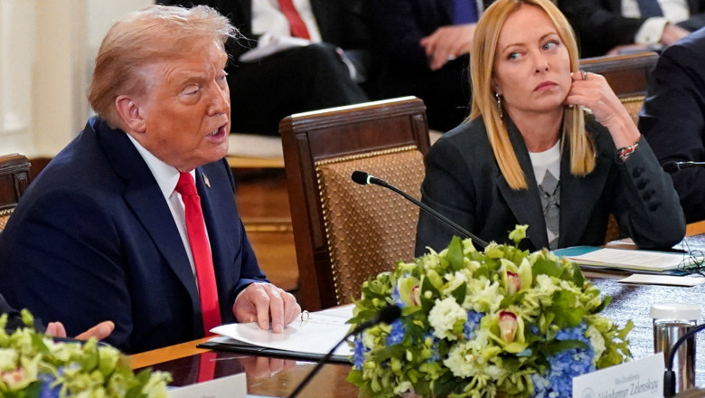U.S. President Donald Trump speaks next to Italian Prime Minister Giorgia Meloni during a meeting