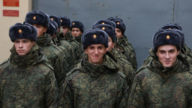 Russian conscripts called up for military service depart for their garrisons, in St Petersburg