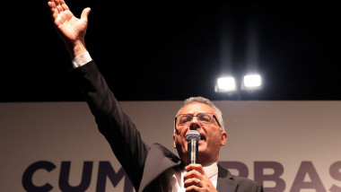 New Turkish Cypriot leader Erhurman celebrates winning the Turkish Cypriot elections in divided capital Nicosia