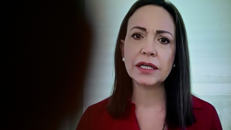 Venezuela's opposition leader Maria Corina Machado during a virtual press conference