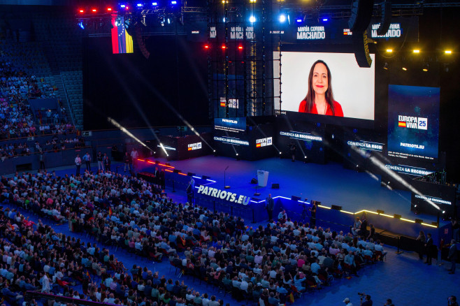 Madrid, Spain. 14th Sep, 2025. Video of Venezuelan politician Maria Corina Machado addressing the audience, during the "Europa Viva 2025" event, held at the Vistalegre Palace in Madrid. Europa Viva 2025 is the convention of the Spanish far-right party VOX