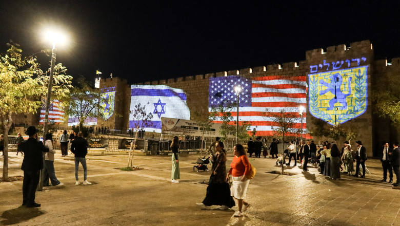 United States and Israel flags projected on the walls of the Old city of Jerusalem