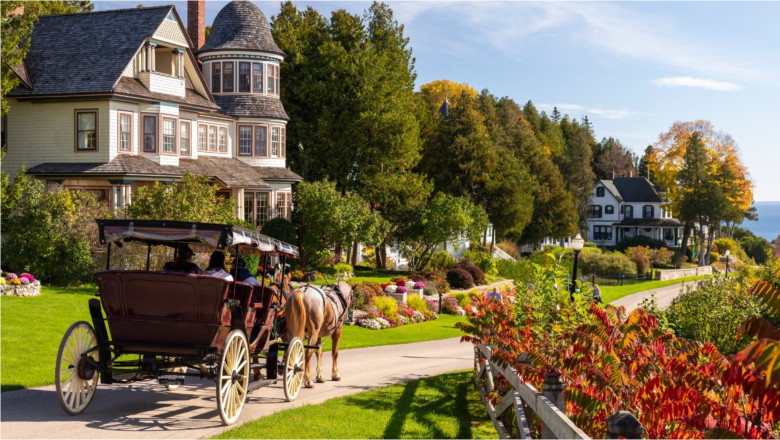 trăsură trasă de cai pe insula Mackinac din Michigan, SUA