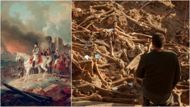 tablou cu Napoleon în Moscova / scheletele soldaților din armata lui Napoleon îngropați în Vilnius