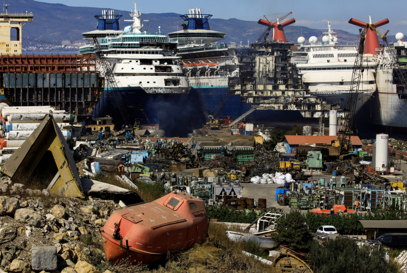 Decommissioned cruise ships are being dismantled at Aliaga ship-breaking yard in the Aegean port city of Izmir