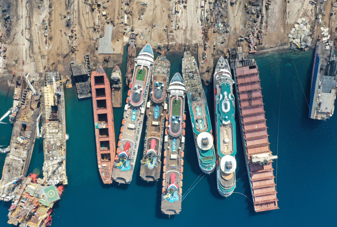 A drone image shows decommissioned cruise ships being dismantled at Aliaga ship-breaking yard in the Aegean port city of Izmir