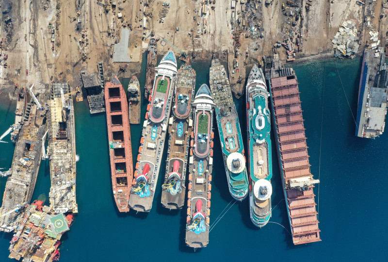 A drone image shows decommissioned cruise ships being dismantled at Aliaga ship-breaking yard in the Aegean port city of Izmir