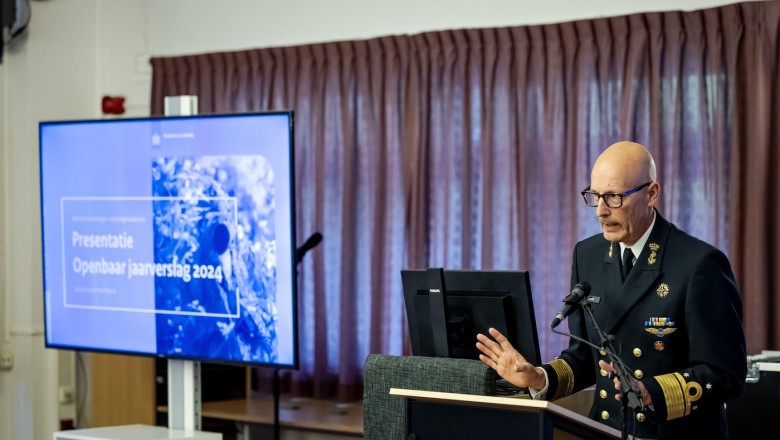 DEN HAAG - Director MIVD Vice Admiral Peter Reesink during the briefing of the Military Intelligence and Security Service (MIVD) 2024 public annual report. ANP ROBIN VAN LONKHUIJSEN netherlands out - belgium out