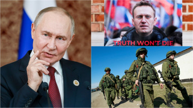 Vladimir Putin / un afiș cu Alexei Navalnîi / soldați ruși în Crimeea