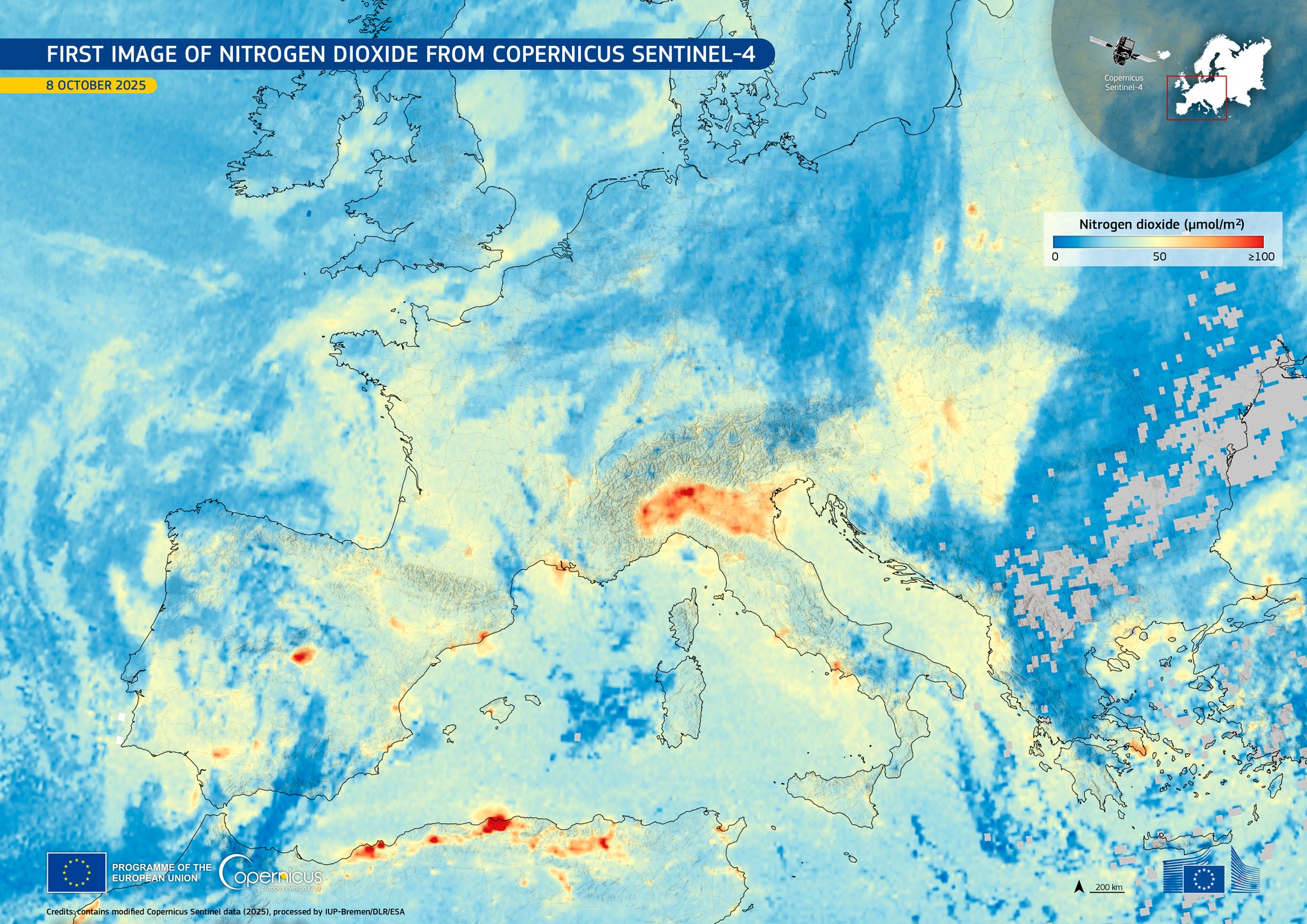 Poluare în Europa. Primele imagini surprinse de misiunea Copernicus Sentinel-4 arată zonele cu concentrații de poluanți în atmosferă