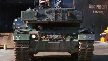 GERMAN HEAVY ARMOUR AND MILITARY VEHICLES ARE UNLOADED IN SKOPJE.
