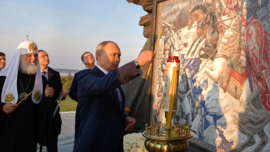 Russian President Putin attends the unveiling of a memorial in Pskov region