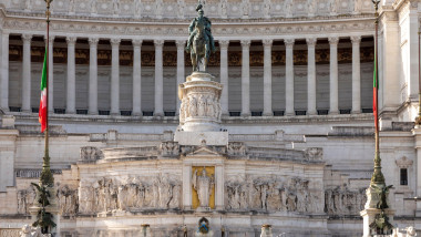 Rome, Italy - August 4, 2021: The Honor Guards at the monument of the Unknown Soldier built under the statue of Italy on the complex of The Altare del