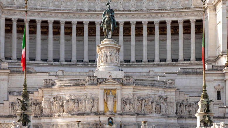 Rome, Italy - August 4, 2021: The Honor Guards at the monument of the Unknown Soldier built under the statue of Italy on the complex of The Altare del