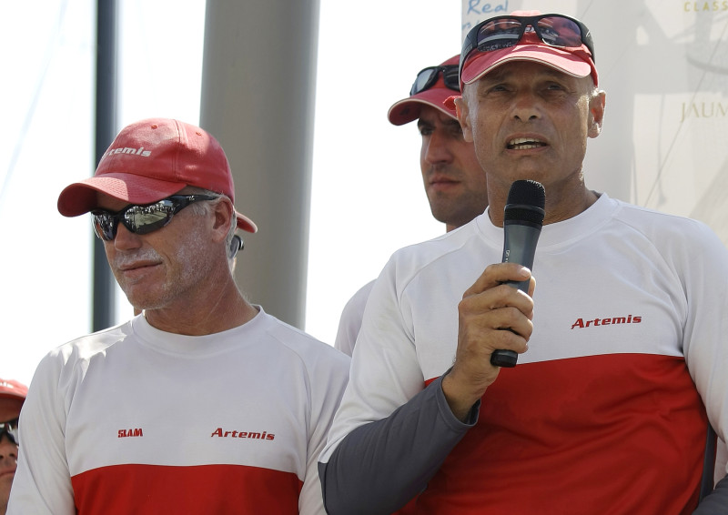 Tornqvist, owner of Team Artemis of Sweden, talks to the audience next to skipper Hutchinson of the U.S. after they finished second at the RC44 Valencia Cup