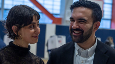 New York, United States. 04th Nov, 2025. Democratic New York City mayoral candidate Zohran Mamdani and his wife Rama Duwaji check-in at polling station to cast their vote in the general election at Frank Sinatra High School in New York City. Credit: SOPA
