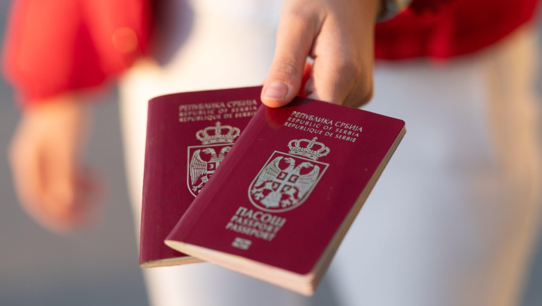 Travel Concept - Serbian Biometric Passport ih hands od young woman tourist, traveler