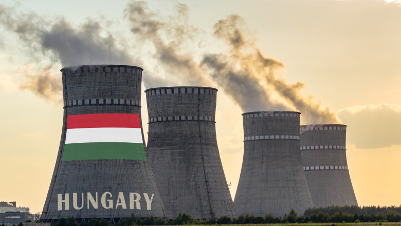 Nuclear plant chimneys displaying flag of Hungary with according text. Energy pollution accidents in the country concept. Power production and generation from atomic energy.
