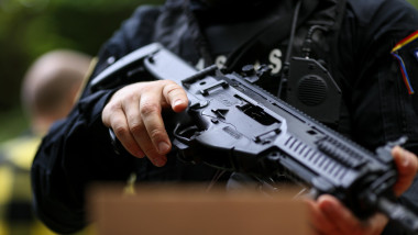 Bucharest, Romania - June 10, 2019: Details of a Romanian SIAS (the service for special action of the Romanian Police, equivalent of SWAT in the US) o