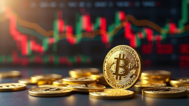 Closeup golden coin with bitcoin logo, graphs and symbols. Concept of cryptocurrency trading on stock market and blockchain technology. Decentralized digital currency. Crypto payment. Electronic money