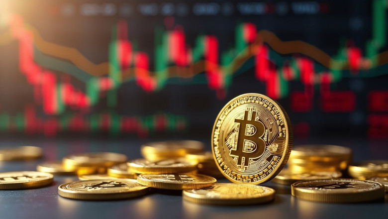 Closeup golden coin with bitcoin logo, graphs and symbols. Concept of cryptocurrency trading on stock market and blockchain technology. Decentralized digital currency. Crypto payment. Electronic money