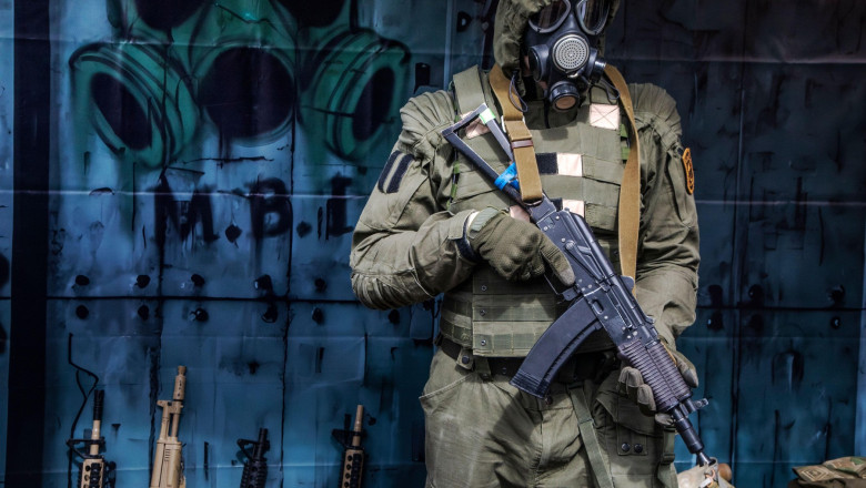 Moscow, Russia. 11th of May, 2025. A fan of the S.T.A.L.K.E.R. computer game takes part in the Big Post-Apocalyptic festival in Moscow, Russia