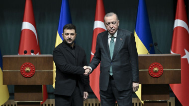 Turkish President Recep Tayyip Erdogan and the President of Ukraine Volodymyr Zelenskyy shake hands
