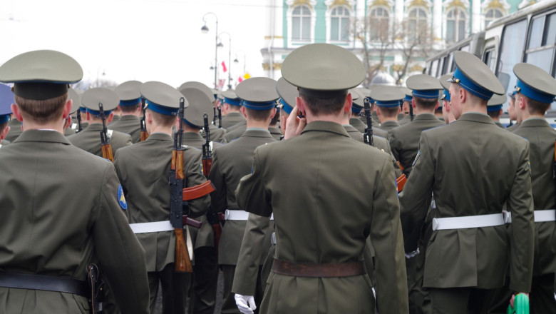 The parade of Russian soldiers on the Palace Square in St. Petersburg for a holiday on May 9