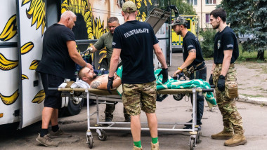 Pavlograd, Ukraine, 15 August, 2025 Hospitallers Ukrainian volunteer medical battalion evacuating soldiers who were wounded on the battlefield. Medica