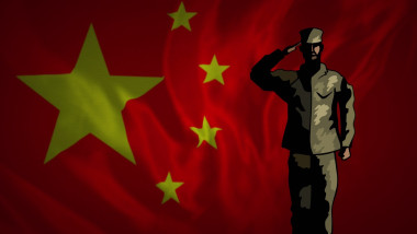 Image of flag of china over silhouette of soldiers