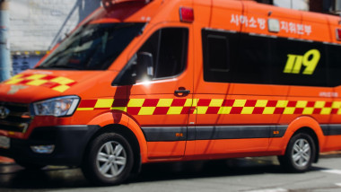 South Korean Fire fighting brigade equipment, during operation in the streets, firefighters with fire engine truck vehicle, 911 emergency and rescue,