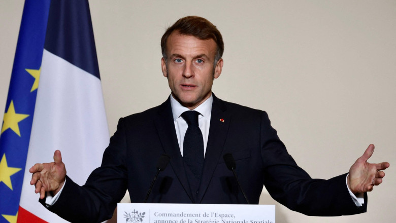 President Emmanuel Macron delivers a speech at Air Base 101, Space Command Headquarters during the inauguration of the French Space Command, in Toulouse, on November 12, 2025. Photo by Fred Scheiber/Pool/ABACAPRESS.COM