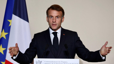 President Emmanuel Macron delivers a speech at Air Base 101, Space Command Headquarters during the inauguration of the French Space Command, in Toulouse, on November 12, 2025. Photo by Fred Scheiber/Pool/ABACAPRESS.COM