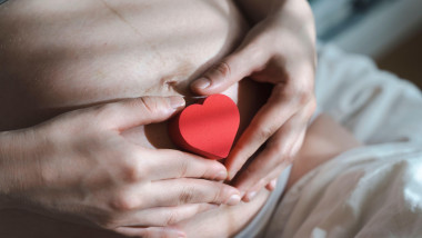 A pregnant woman after IVF holds a small red heart in her hands. The concept of motherhood, fertility, new life, In vitro fertilisation. Banner. High quality photo
