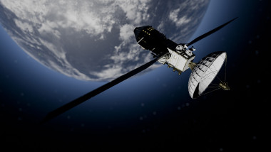 Illustration of a satellite orbits Earth against a backdrop of space and a sunlit horizon.