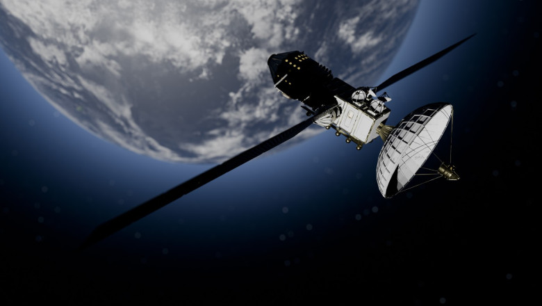 Illustration of a satellite orbits Earth against a backdrop of space and a sunlit horizon.