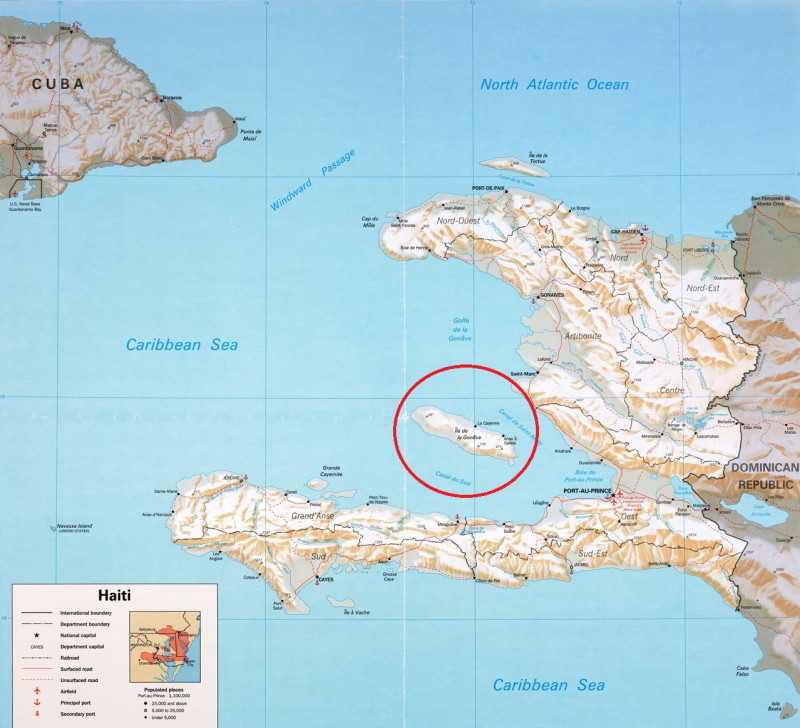 Haiti. Relief shown by shading and spot heights. Includes comparative area map. "802268 (R01366) 6-94." Featured in the Faces &amp; Places Exhibit, Kravis Center, Palm Beach, FL, 2005 Exhibited in “Faces and Places,” at the Boston Public Library, Boston, MA,