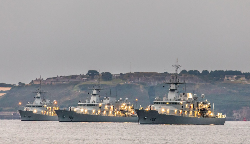 Cobh, Cork, Ireland. 04th September, 2021. Naval vessels LÉ William Butler Yeats (P63), LÉ George Bernard Shaw (P64), and LÉ James Joyce (P62) t anchor in the harbour near Cobh, Cork, Ireland. - Picture; David Creedon Credit: David Creedon/Alamy Live