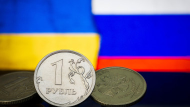 Ruble Fall Ukraine Russian War Sanctions Flags Background