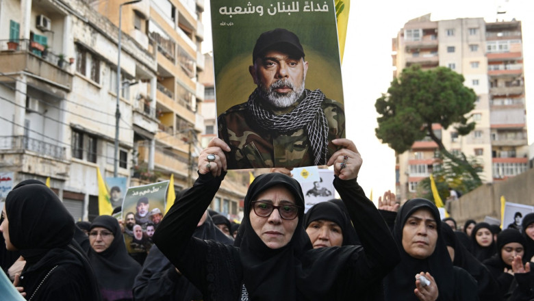 Hezbollah holds funeral ceremony for military leader Tabatabai and four members killed in the Israeli attack