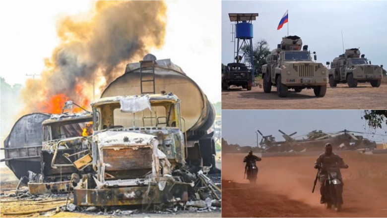 cisternă incendiată și forțe rusești în Mali