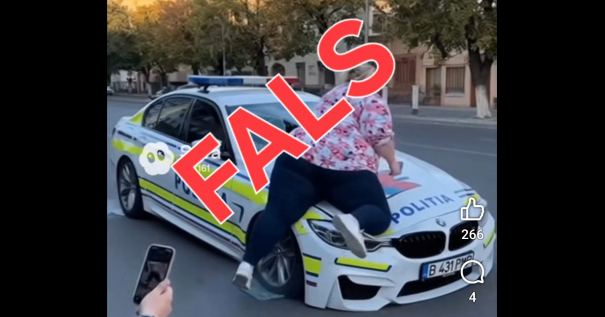 Fake news cu femeie distrugând BMW al Poliției demontat
