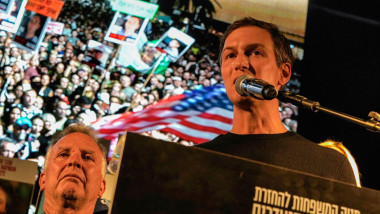 Former Senior Advisor to the President of the United States Jared Kushner, speaks to the crowds on stage in the Hostage Square, during the demonstration. Israelis attended the weekly demonstration calling for the release of 48 Israeli hostages who have be