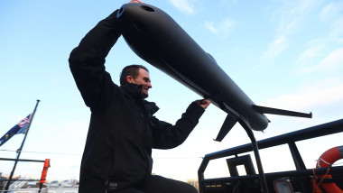 A life-size autonomous underwater glider called SG-1 Fathom at Portsmouth Naval Base, during an announcement of details of Atlantic Bastion, the UK's planned highly advanced hybrid force to protect undersea cables and pipelines in the North Atlantic from